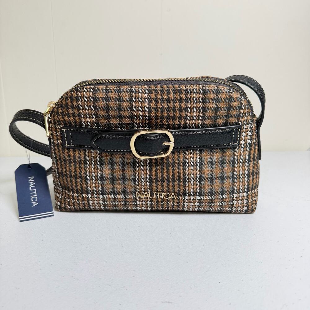 Nautica Women's Brown Plaid Crossbody Bag Shoulder Purse Gold Buckle
